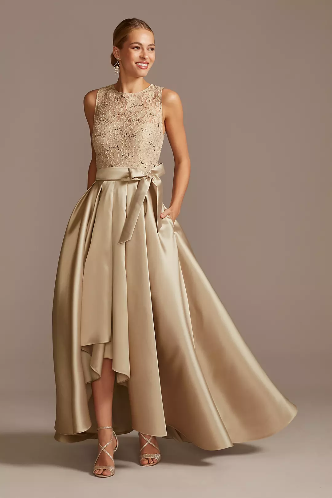 Sequin Lace and Mikado High Low Hem Gown with Bow Image