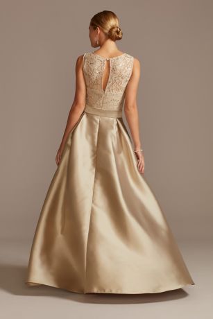 sequin lace and mikado high low hem gown with bow