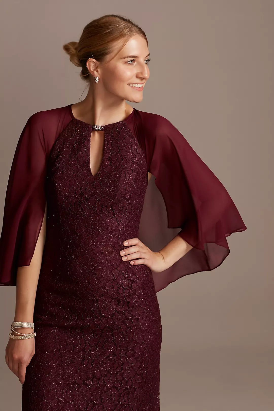 Glitter Lace Sheath Dress with Cape Sleeves Image 3