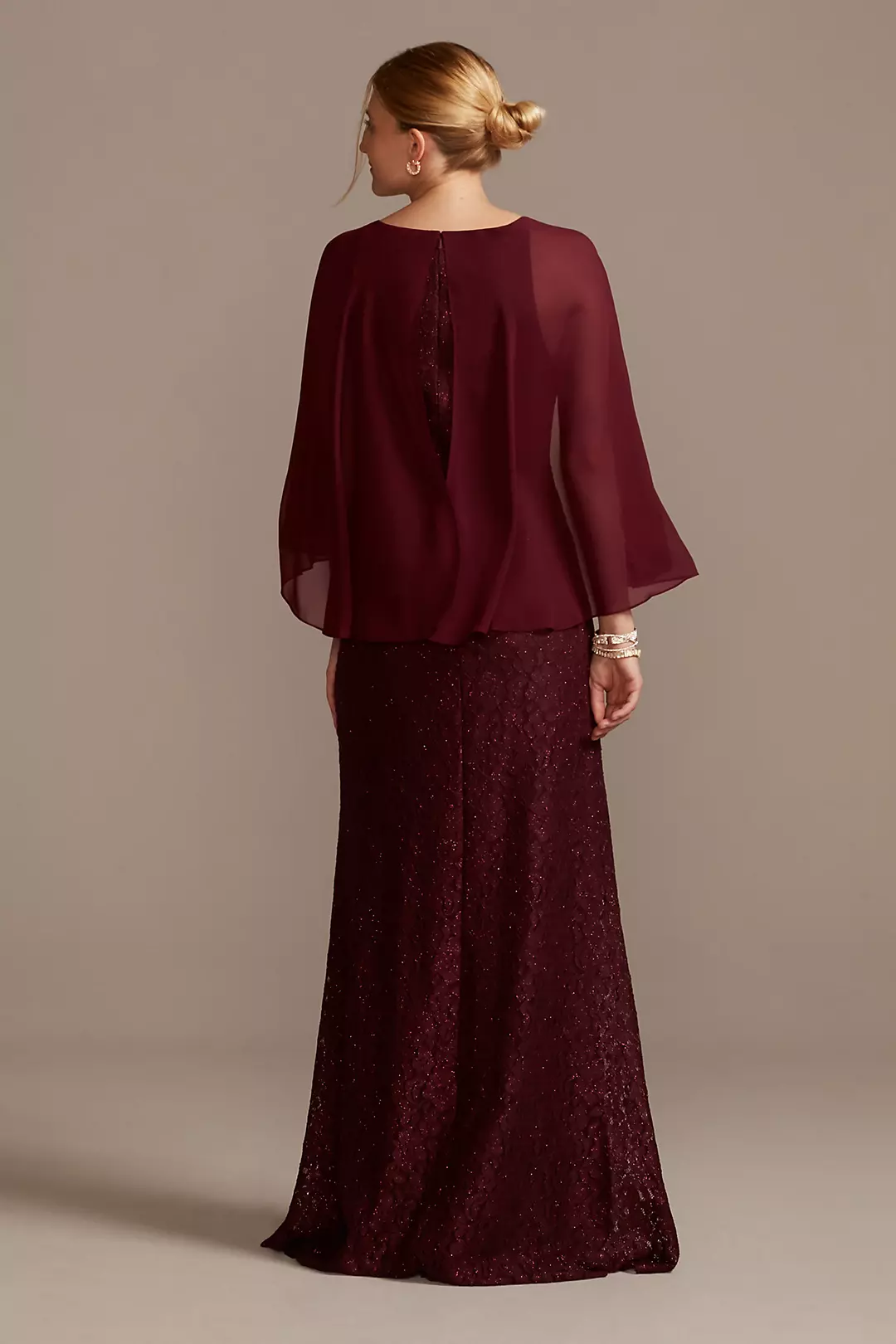 Glitter Lace Sheath Dress with Cape Sleeves Image 2