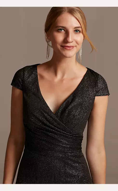 V-Neck Wrap Front Glitter Knit Cap Sleeve Dress Image 3
