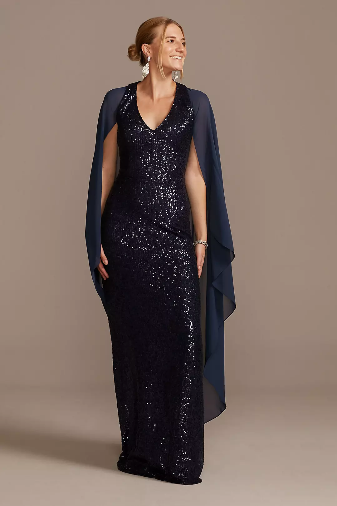 Allover Sequin Gown with Attached Chiffon Capelet Image