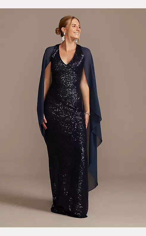 Allover Sequin Gown with Attached Chiffon Capelet Image 1