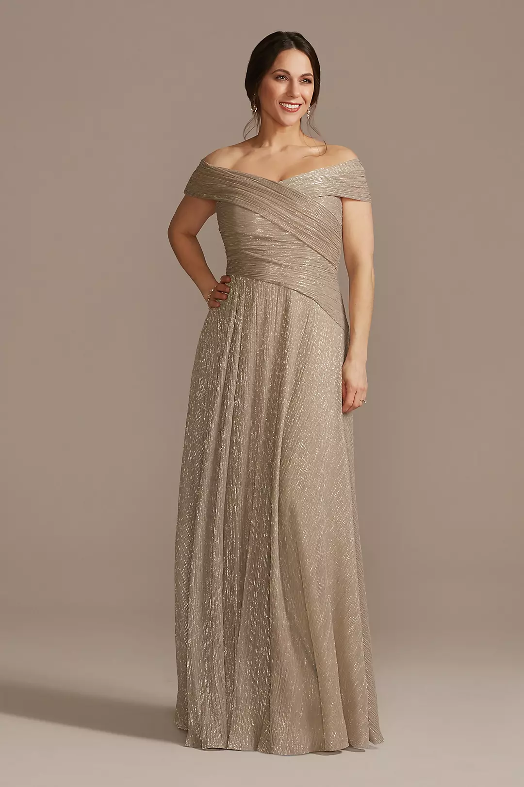 Pleated Metallic Off-the-Shoulder Dress Image
