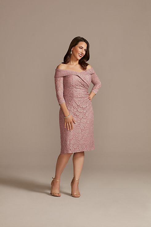 Off-the-Shoulder Knee Length Lace Dress Image 1