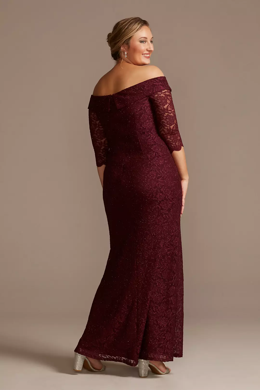 Off-the-Shoulder V-Neck Ruched Lace Gown Image 2