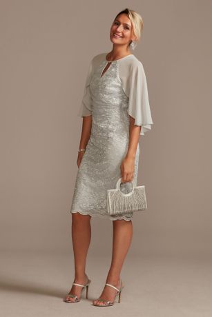 Glitter Lace Knee-Length Dress with Capelet