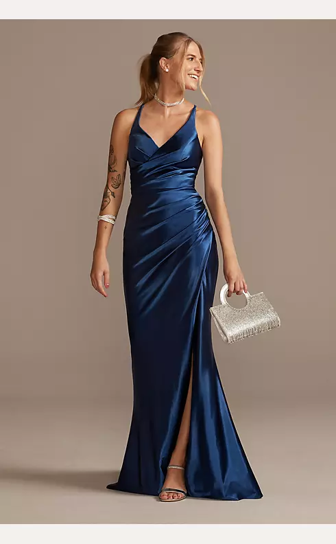 Ruched V-Neck Stretch Satin Sheath Gown with Slit