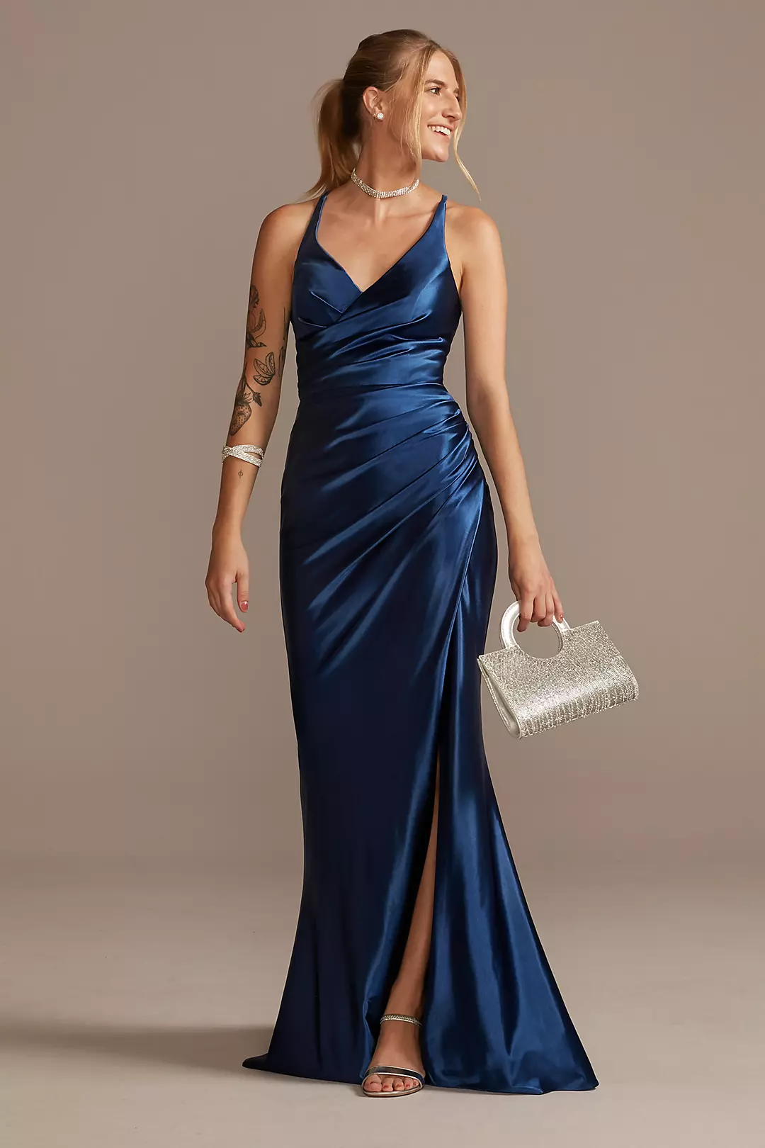 Ruched V-Neck Stretch Satin Sheath Gown with Slit Image