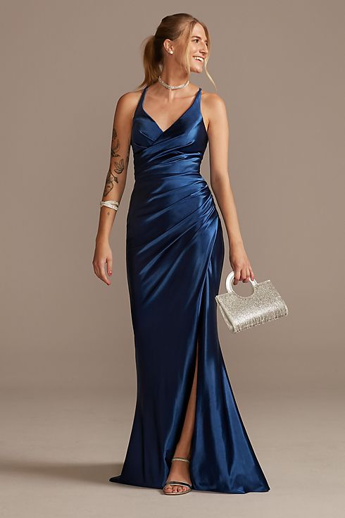 Ruched V-Neck Stretch Satin Sheath Gown with Slit Image
