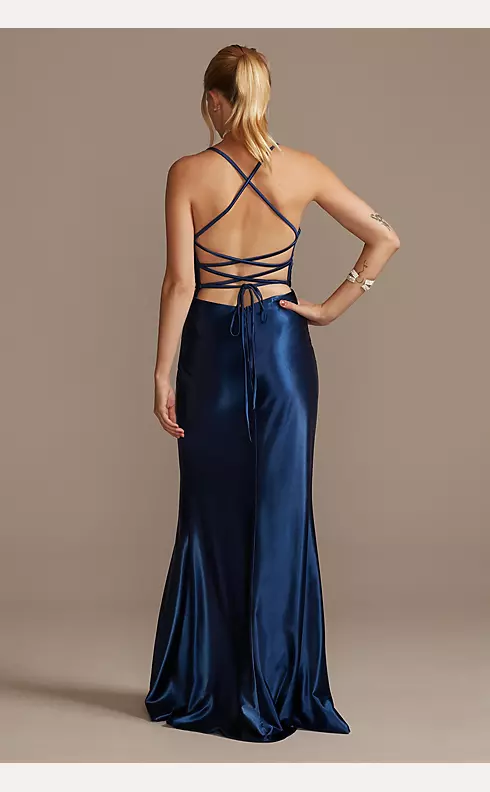 Ruched V-Neck Stretch Satin Sheath Gown with Slit | David's Bridal