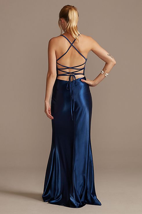 Ruched V-Neck Stretch Satin Sheath Gown with Slit Image 2