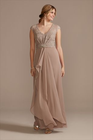 Chiffon A-Line Dress with Lace Cap Sleeve Overlay