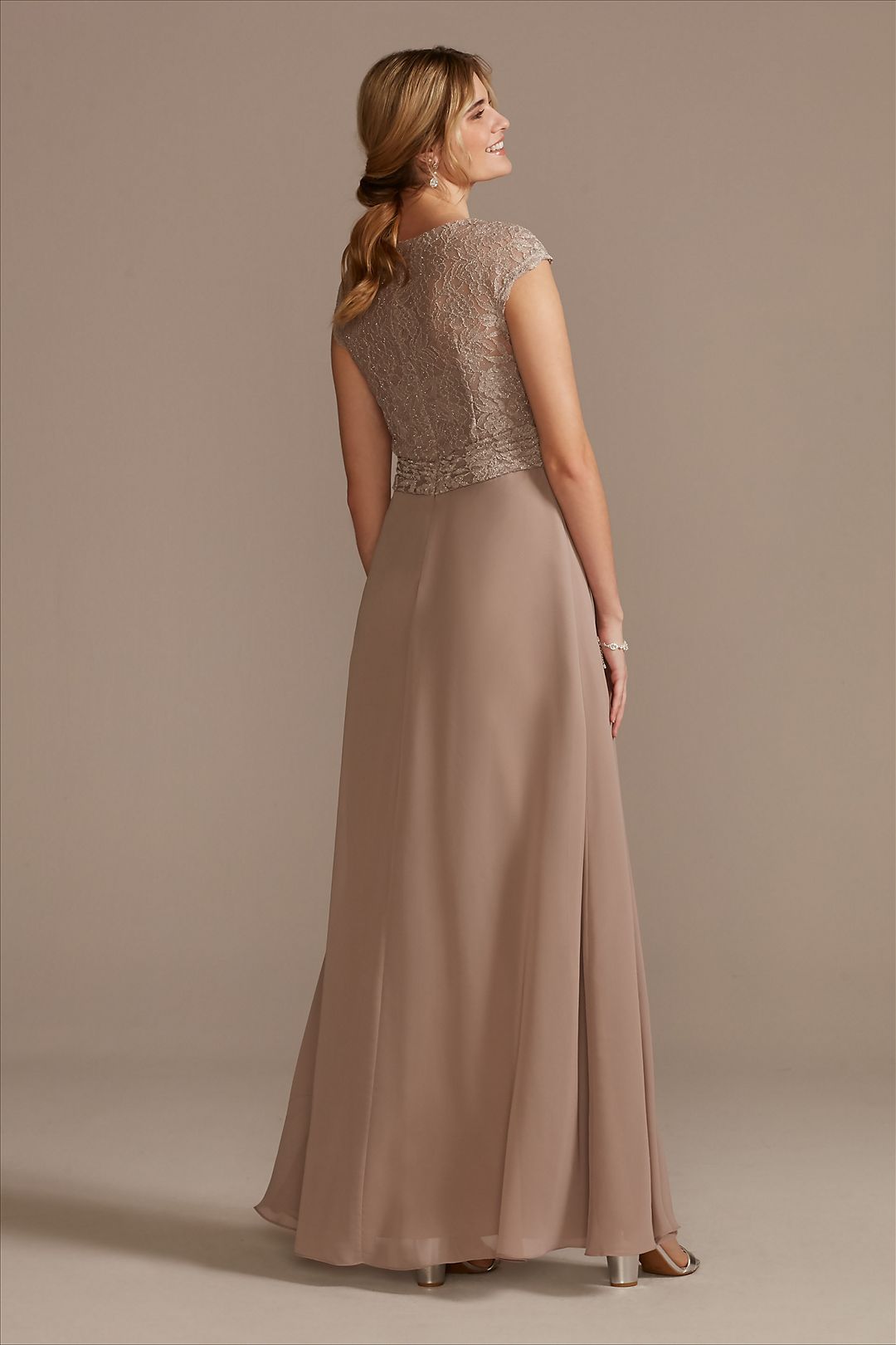 Chiffon A-Line Dress with Lace Cap Sleeve Overlay Image 2