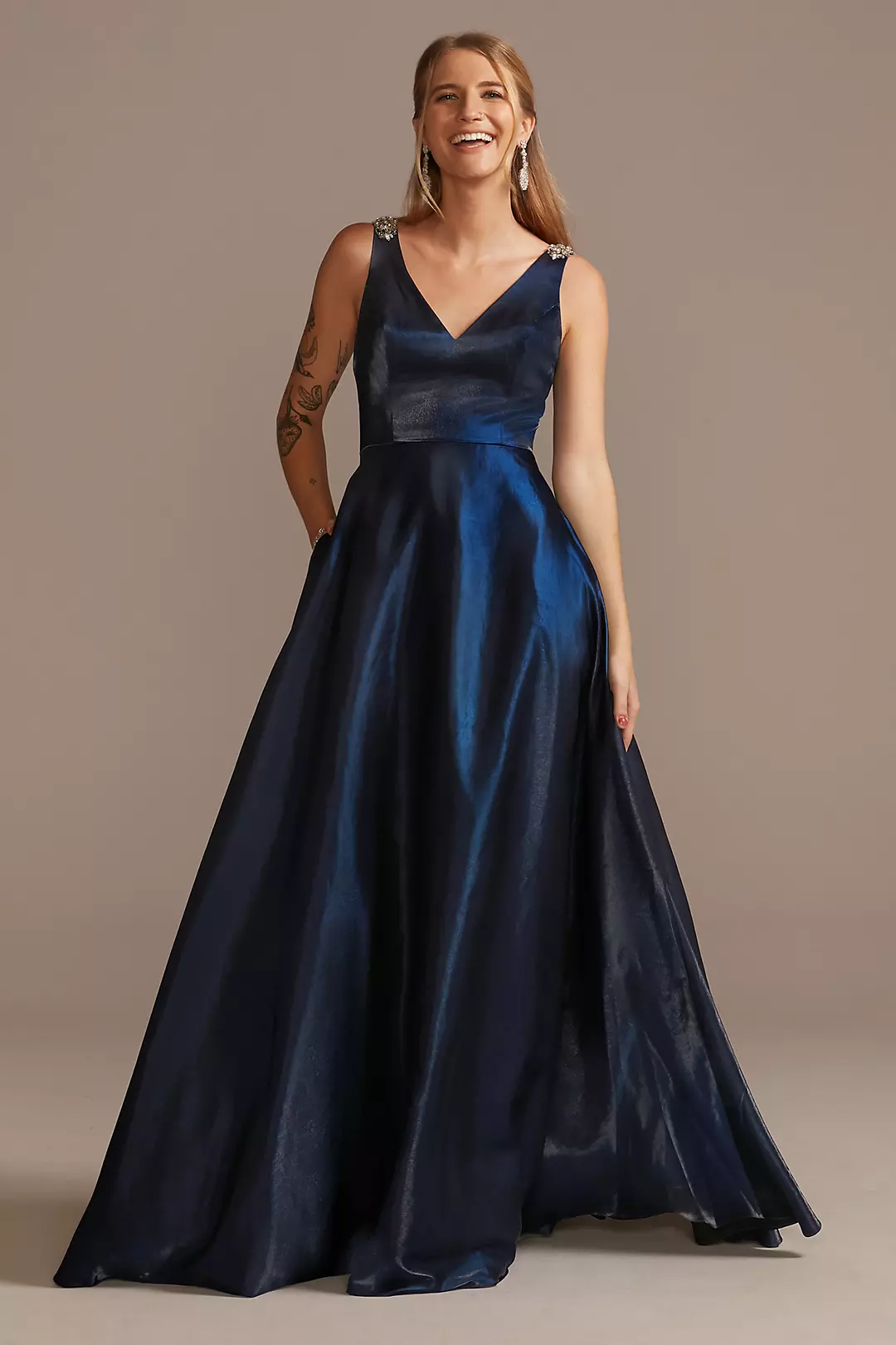 V-Neck Satin Ball Gown with Crystal Strap Details Image