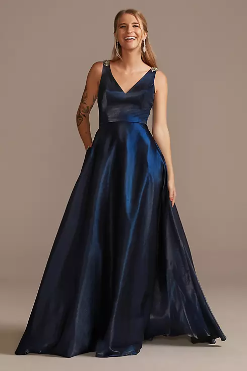 V-Neck Satin Ball Gown with Crystal Strap Details Image 1