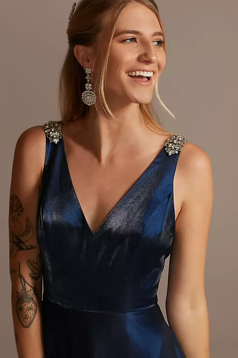 V-Neck Satin Ball Gown with Crystal Strap Details Image 3