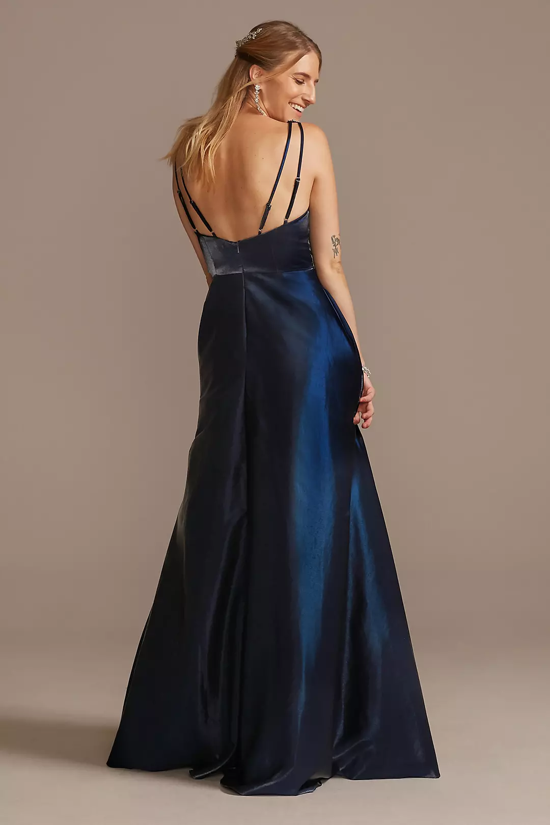 V-Neck Satin Ball Gown with Crystal Strap Details Image 2