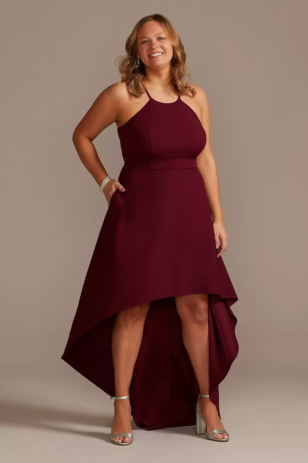High Neck Crepe Plus-Size Dress with High-Low Hem Image