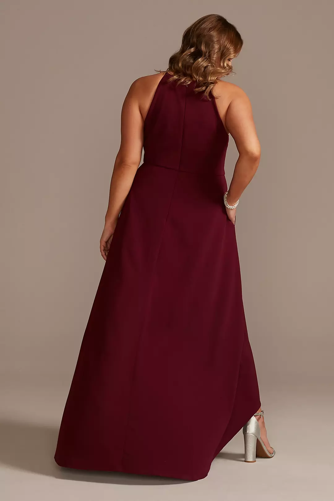 High Neck Crepe Plus-Size Dress with High-Low Hem Image 2
