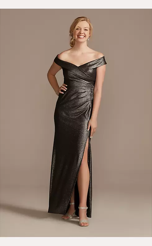 Beaded Ruched Metallic Off-Shoulder Sheath Gown Image 1