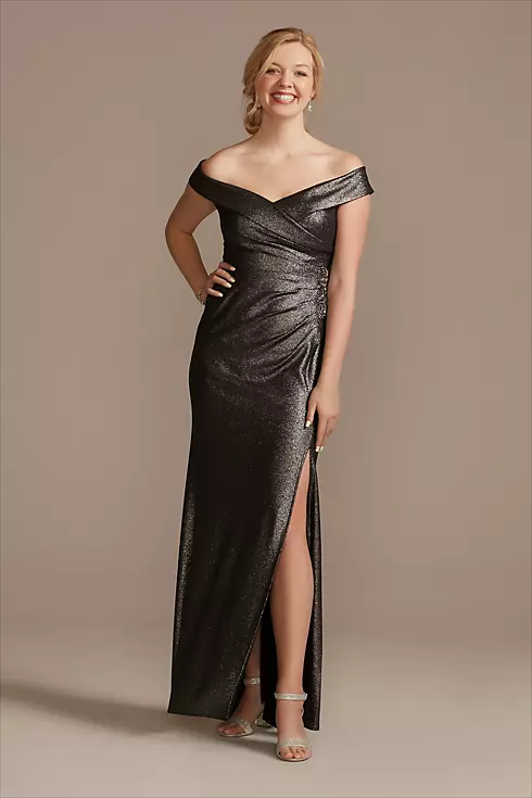 Beaded Ruched Metallic Off-Shoulder Sheath Gown Image 1