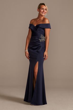 Beaded Waist Crepe Off-the-Shoulder Sheath Gown