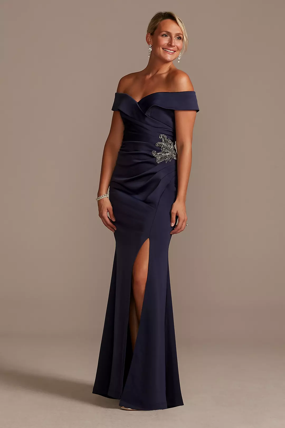 Beaded Waist Crepe Off-the-Shoulder Sheath Gown Image