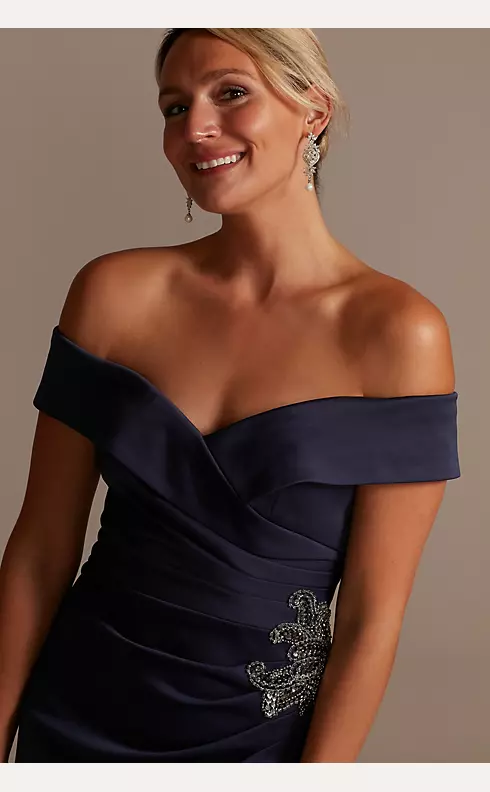 Beaded Waist Crepe Off-the-Shoulder Sheath Gown Image 3