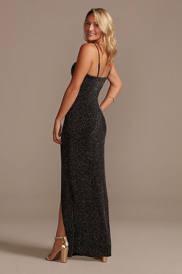 Glitter Knit Sheath Gown with Ruched V-Neck Image 2