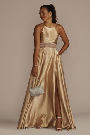 Satin High Neck Illusion Waist A-Line Dress Image