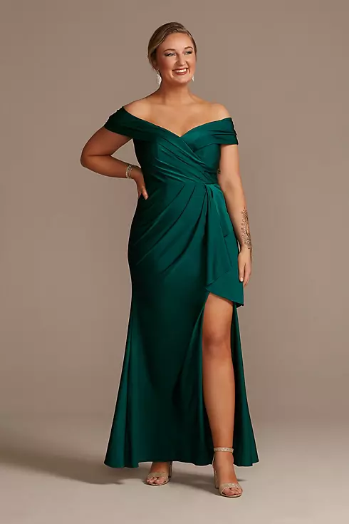 Off-the-Shoulder Stretch Satin Gown with Ruffle Image 1