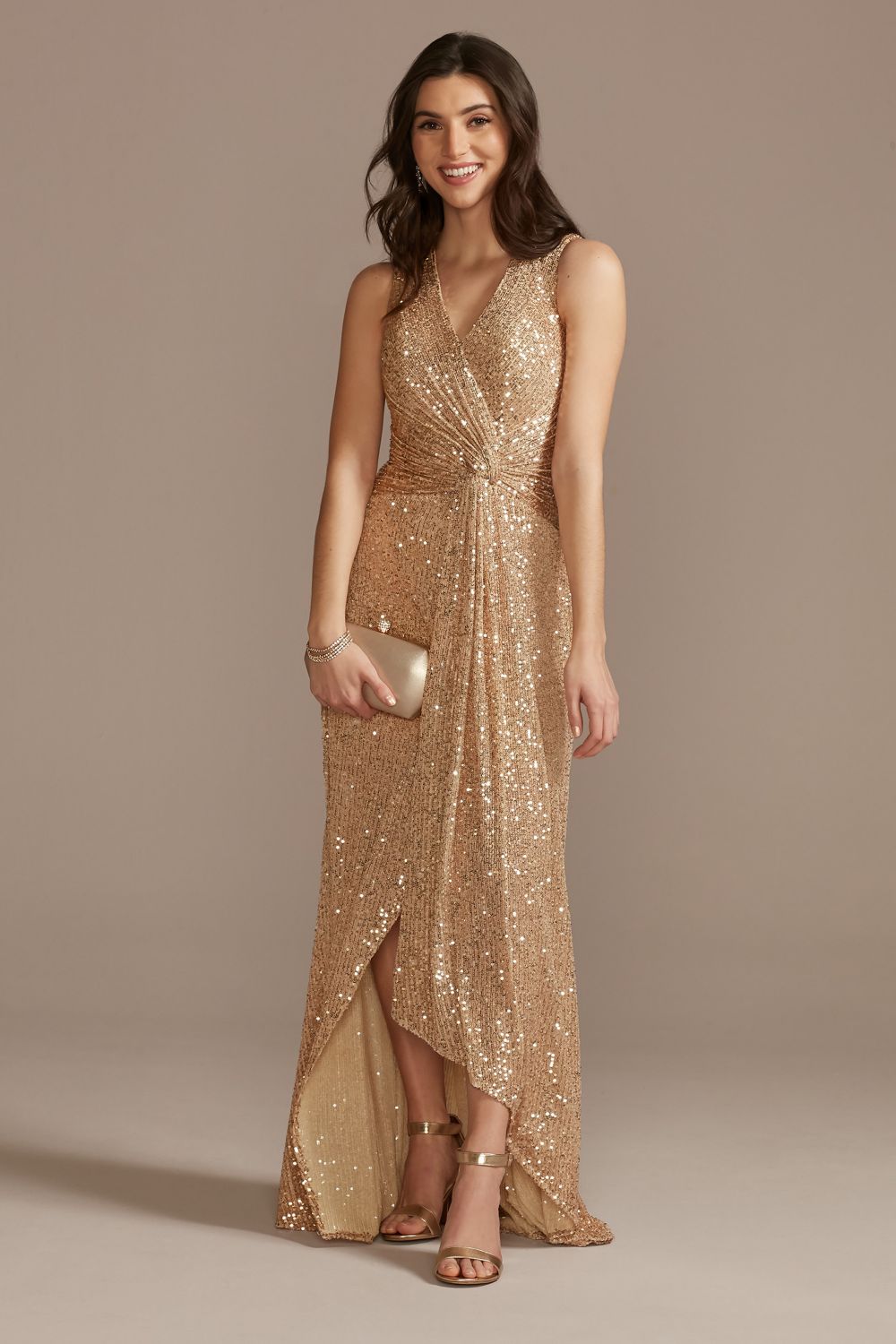 V-Neck Sequin Sheath Gown with Knot Detail