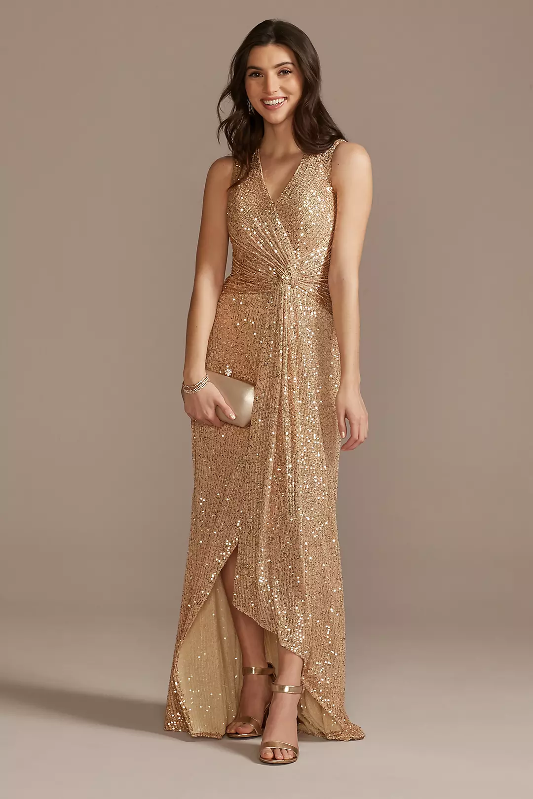 V-Neck Sequin Sheath Gown with Knot Detail Image