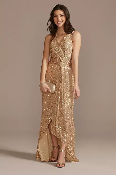 V-Neck Sequin Sheath Gown with Knot Detail Image 1