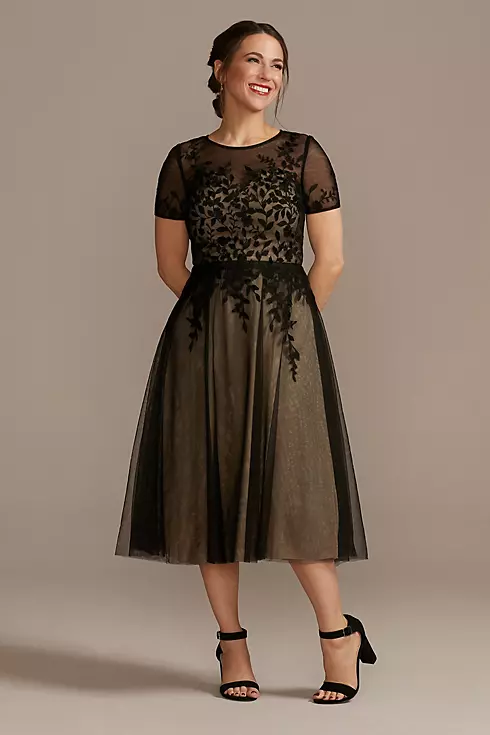 Net Tea-Length Dress with Short Sleeves Image 1