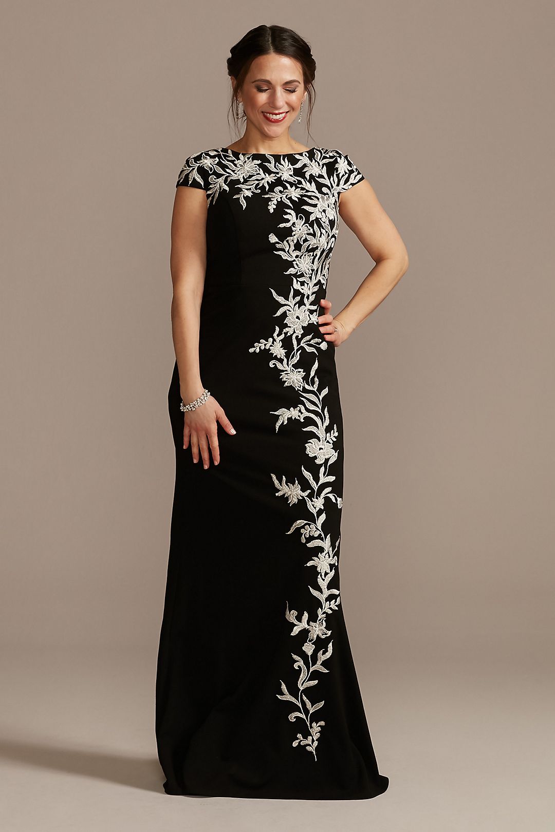 Crepe Cap-Sleeve Gown with Embroidered Flowers Image 1