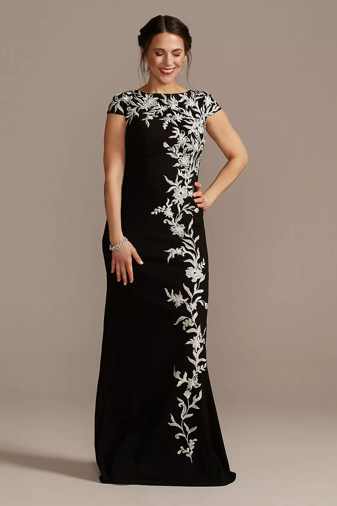 Crepe Cap-Sleeve Gown with Embroidered Flowers Image