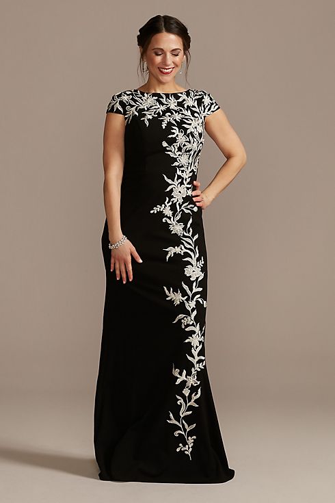 Crepe Cap-Sleeve Gown with Embroidered Flowers Image 1