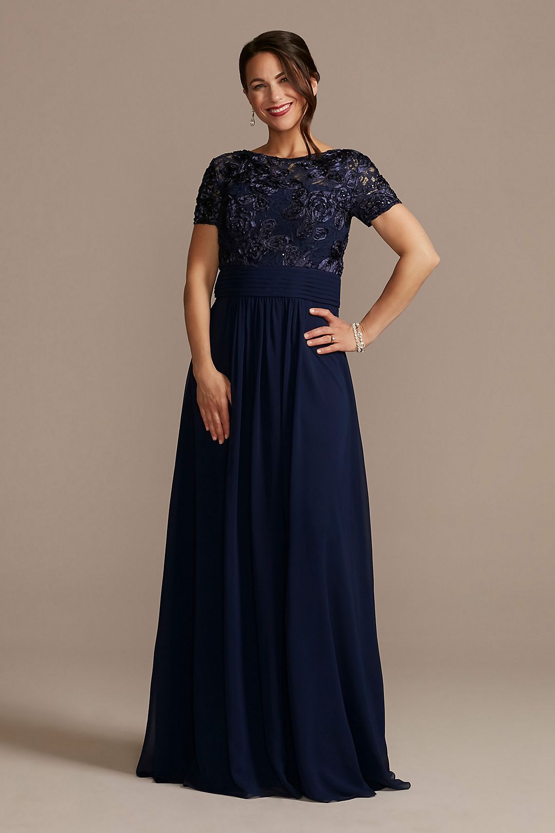 Floor Length Sheath Gown with Lace Bodice Image 1