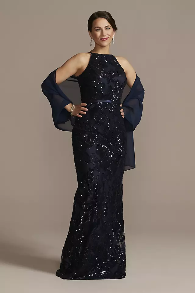 Sequin Floor Length Halter Dress with Shawl Image