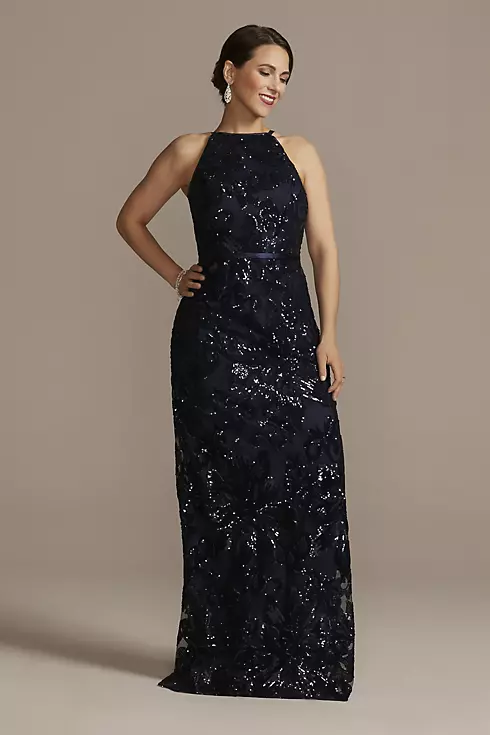 Sequin Floor Length Halter Dress with Shawl Image 3