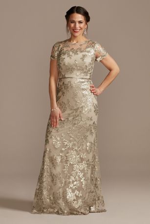 Lace Applique Cap-Sleeve Long Sheath Dress