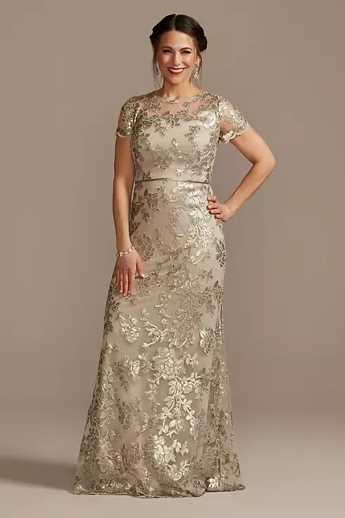 Lace Applique Cap-Sleeve Long Sheath Dress Image 1