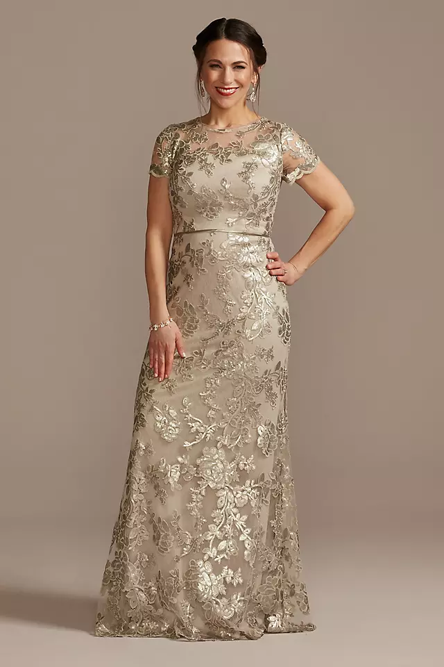 Lace Applique Cap-Sleeve Long Sheath Dress Image