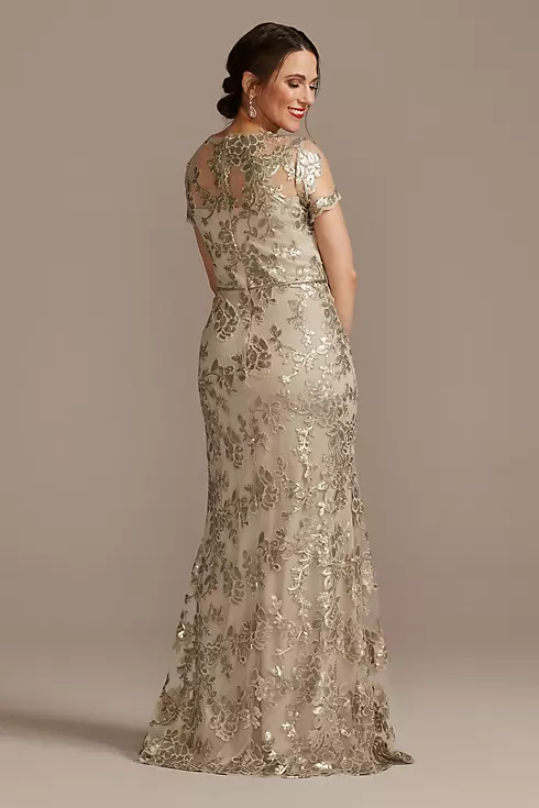 Lace Applique Cap-Sleeve Long Sheath Dress Image 2