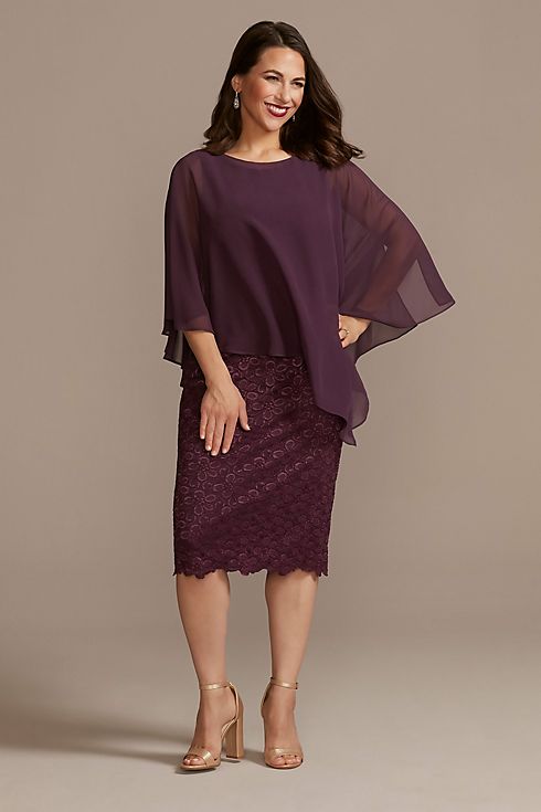Short Lace Sheath Dress with Asymmetrical Capelet Image 1
