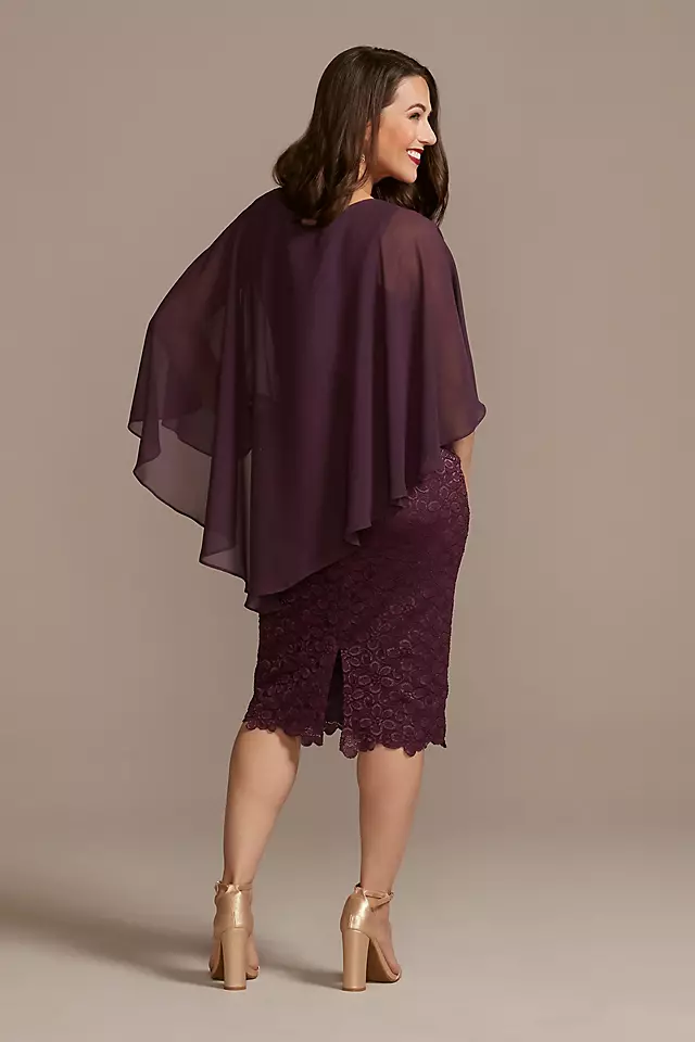 Short Lace Sheath Dress with Asymmetrical Capelet Image 2