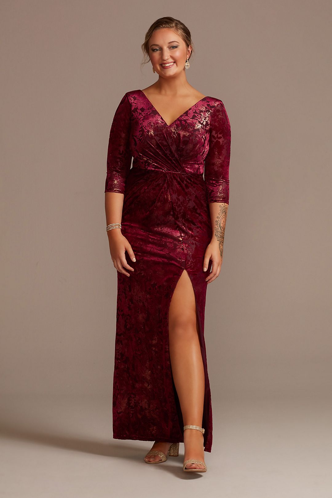 Patterned Sheath Gown with Skirt Slit Image 1