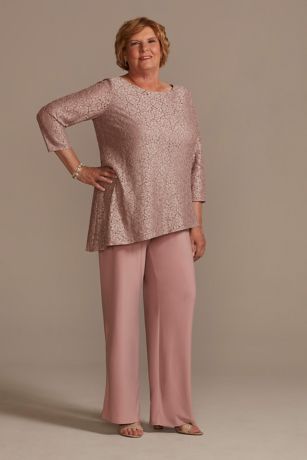 Glitter Lace Asymmetrical Top Pantsuit David's Bridal